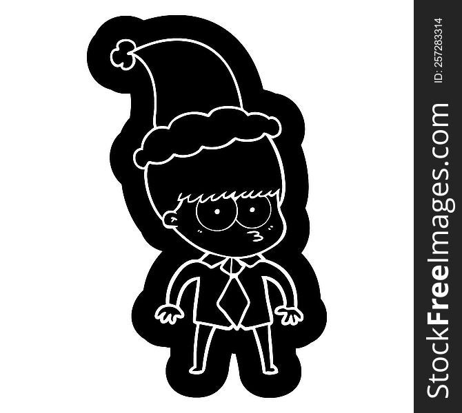 Nervous Cartoon Icon Of A Boy Wearing Shirt And Tie Wearing Santa Hat