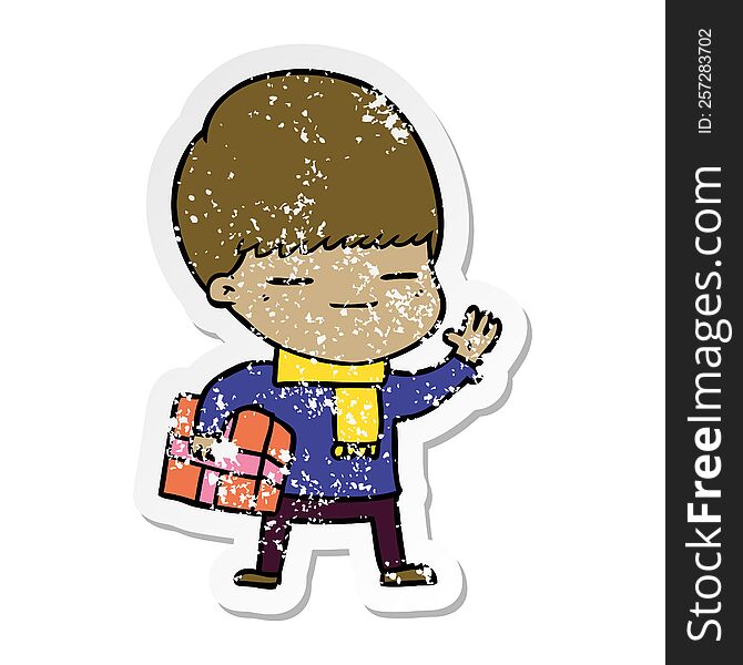 distressed sticker of a cartoon smug boy carrying present