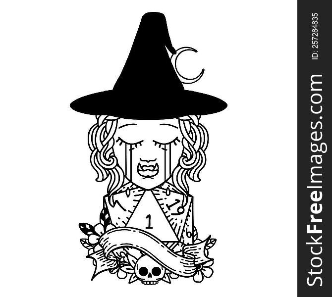 Black and White Tattoo linework Style crying half orc witch character face with natural one d20 dice roll. Black and White Tattoo linework Style crying half orc witch character face with natural one d20 dice roll