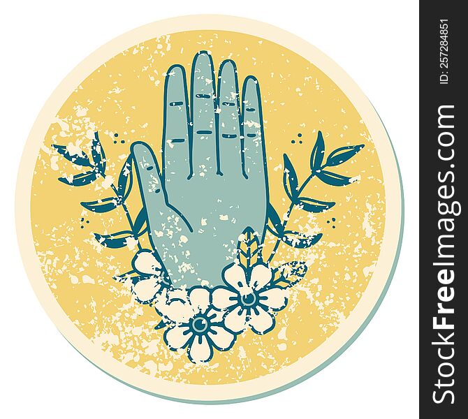 iconic distressed sticker tattoo style image of a hand and flower. iconic distressed sticker tattoo style image of a hand and flower
