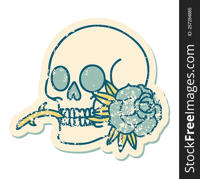 iconic distressed sticker tattoo style image of a skull and rose. iconic distressed sticker tattoo style image of a skull and rose