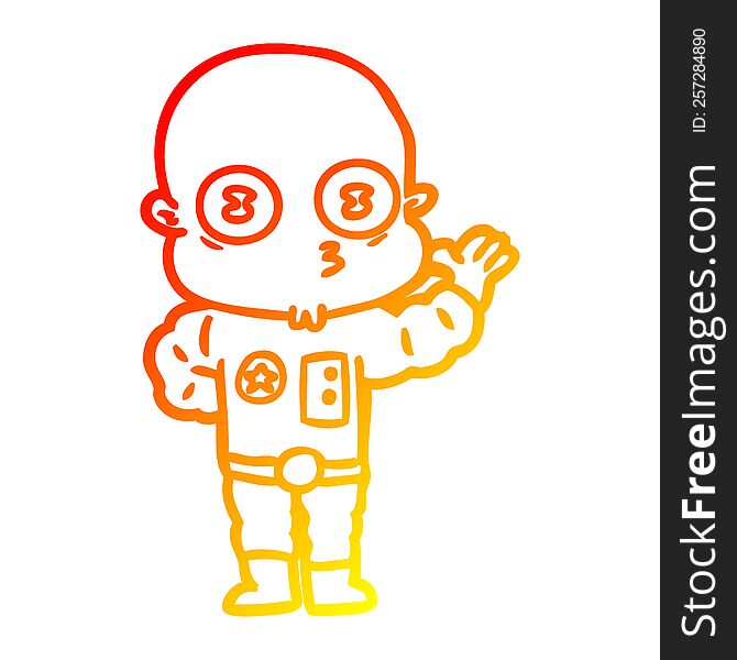 warm gradient line drawing of a waving weird bald spaceman