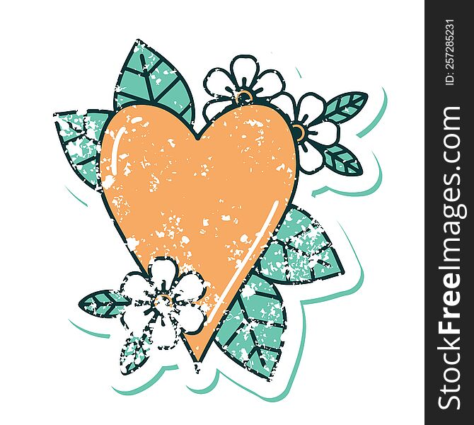 distressed sticker tattoo style icon of a botanical heart