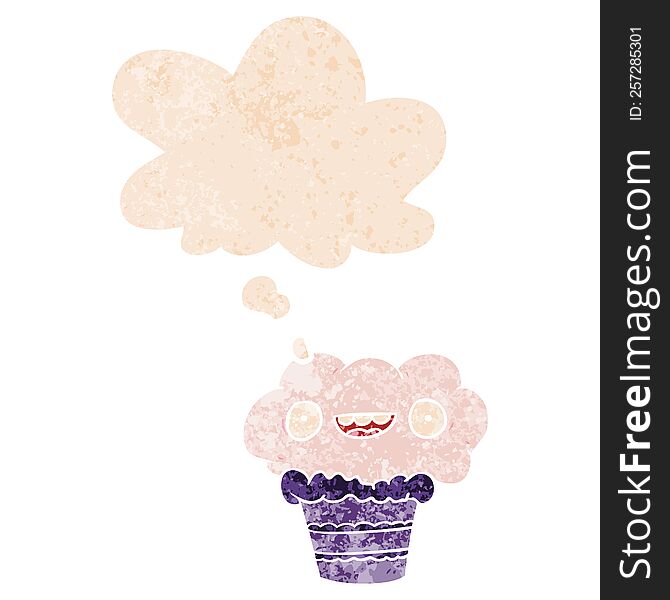 Cartoon Cupcake And Thought Bubble In Retro Textured Style