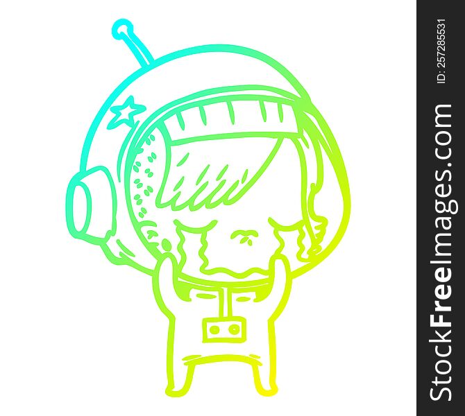 cold gradient line drawing of a cartoon crying astronaut girl