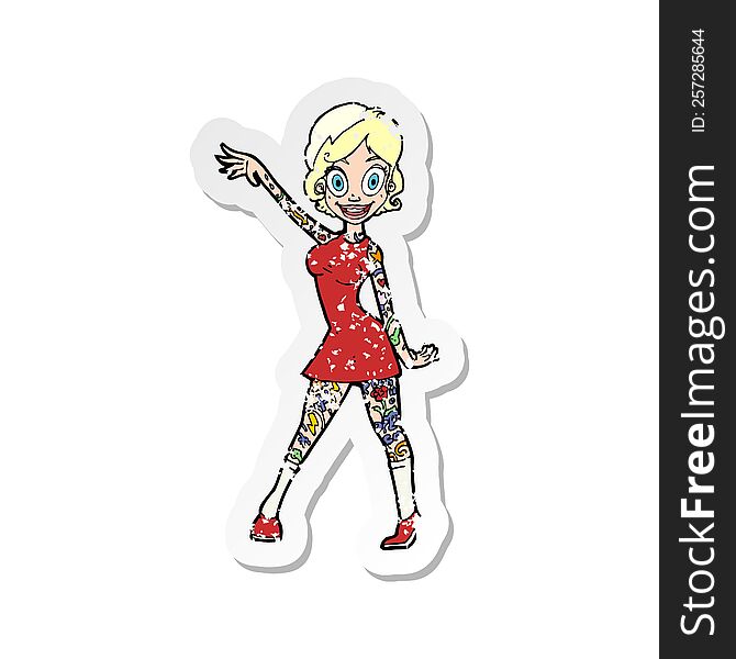 Retro Distressed Sticker Of A Cartoon Woman With Tattoos