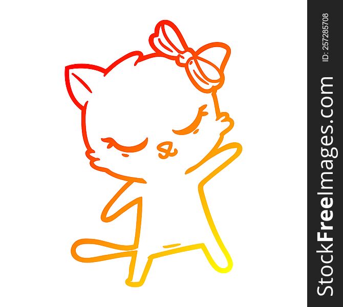 Warm Gradient Line Drawing Cute Cartoon Cat With Bow