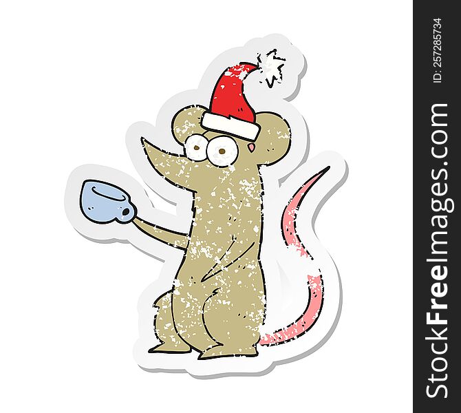 Retro Distressed Sticker Of A Cartoon Mouse Wearing Christmas Hat