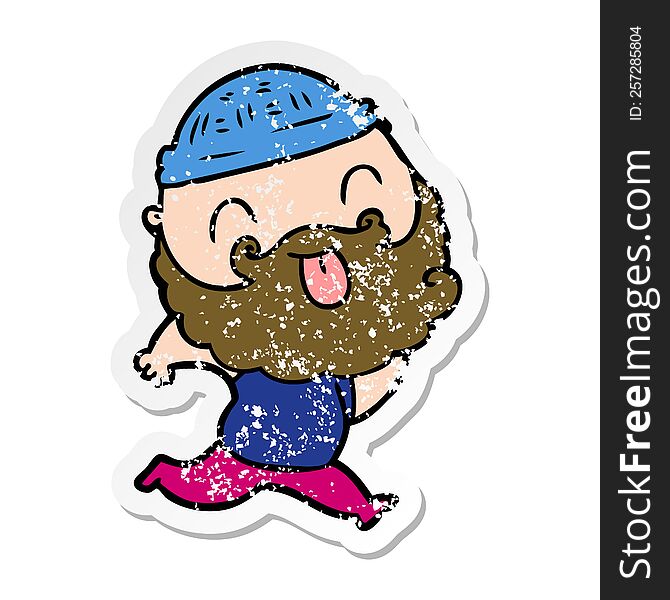 Distressed Sticker Of A Running Man With Beard Sticking Out Tongue