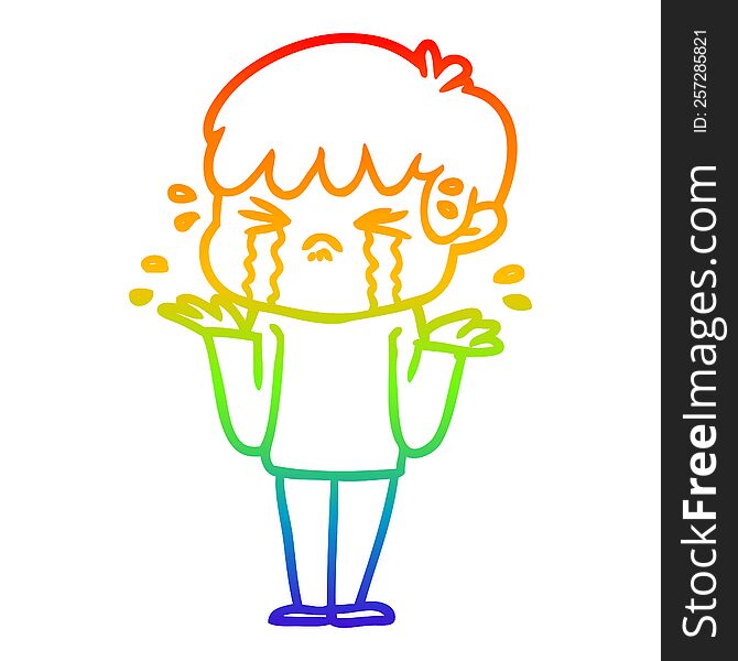 Rainbow Gradient Line Drawing Cartoon Boy Crying And Shrugging Shoulders