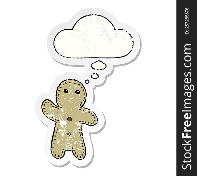 cartoon gingerbread man with thought bubble as a distressed worn sticker