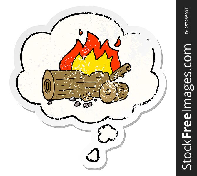 cartoon camp fire with thought bubble as a distressed worn sticker