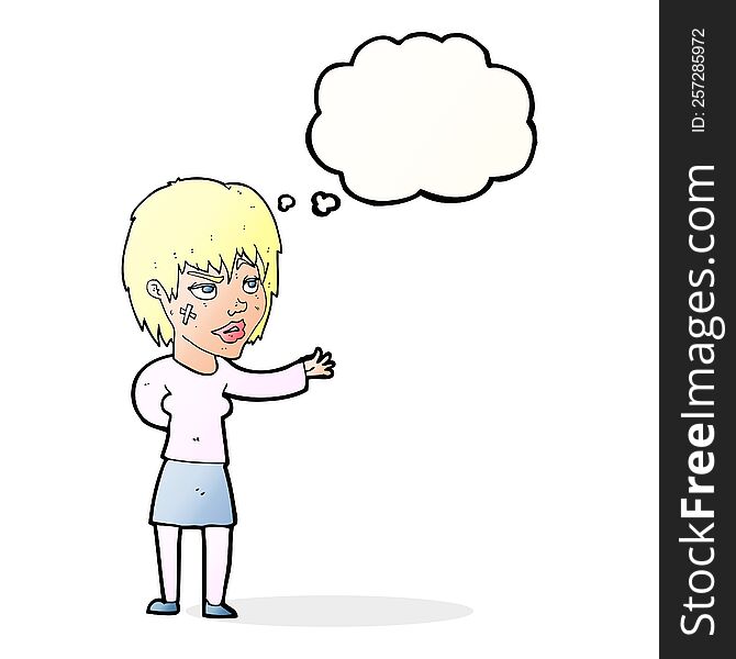 cartoon woman with sticking plaster on face with thought bubble