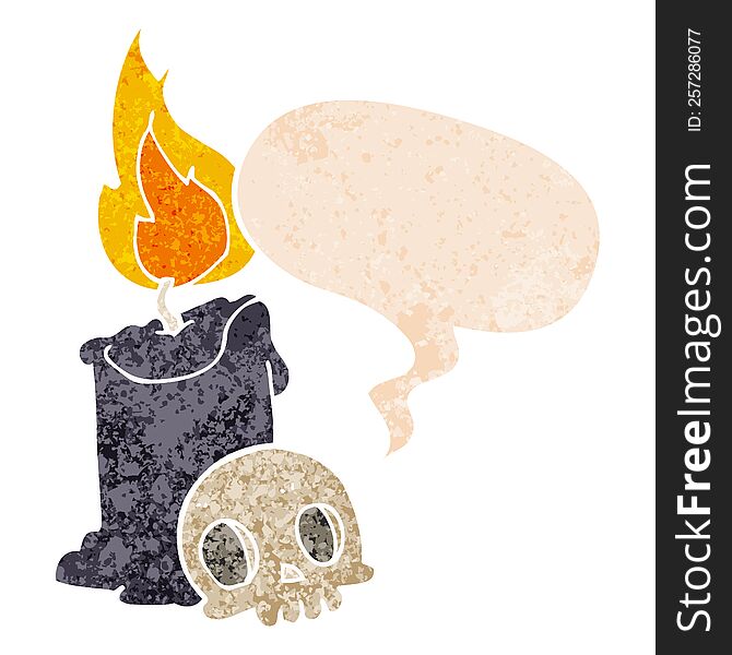 Cartoon Skull And Candle And Speech Bubble In Retro Textured Style