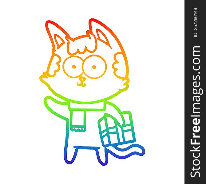rainbow gradient line drawing of a happy cartoon cat with christmas present