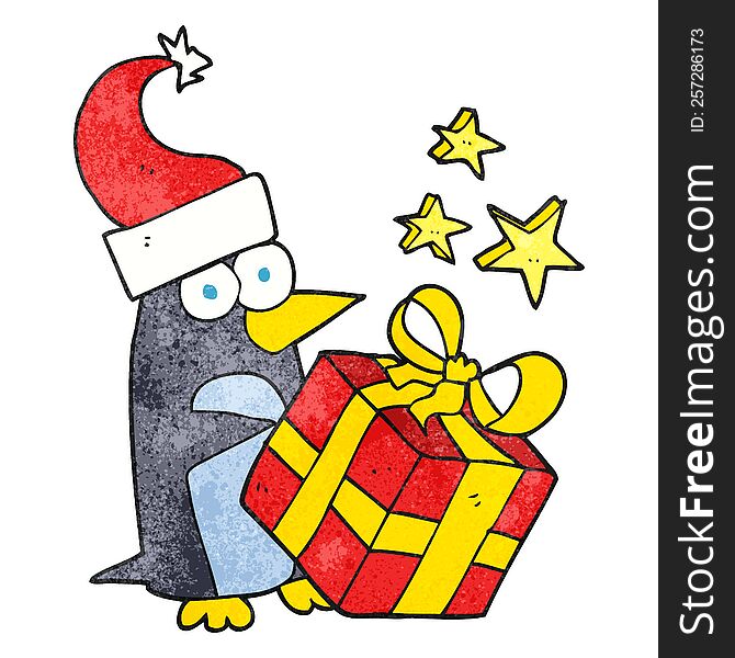 freehand drawn texture cartoon christmas penguin with present
