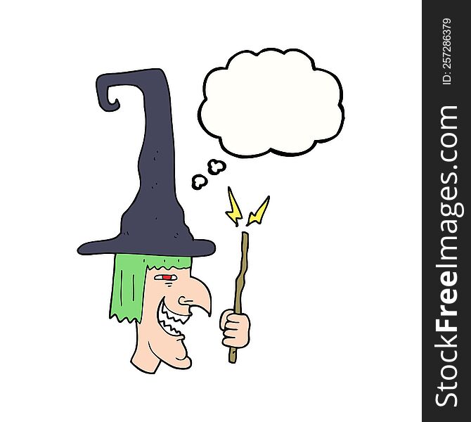 freehand drawn thought bubble cartoon laughing witch