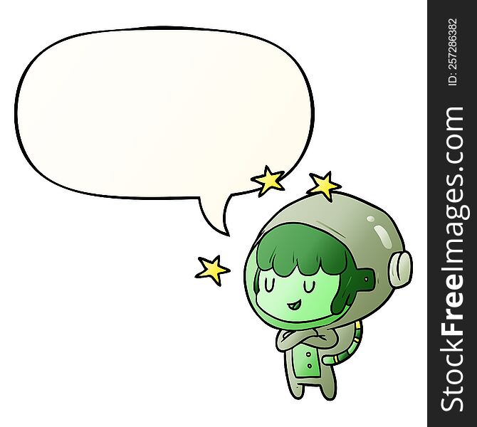 cartoon female future astronaut in space suit and speech bubble in smooth gradient style