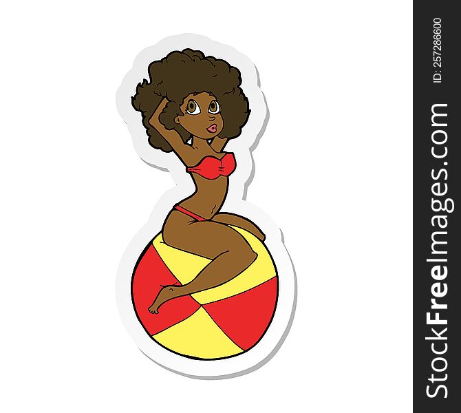 Sticker Of A Cartoon Pin Up Girl Sitting On Ball