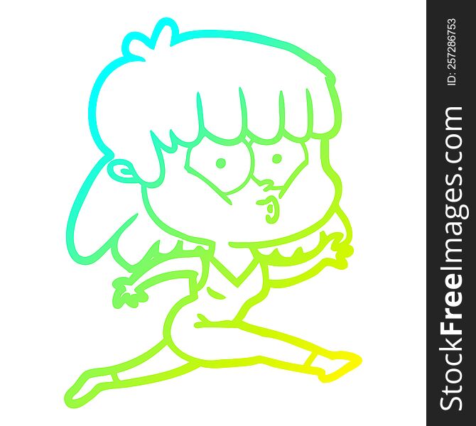 cold gradient line drawing of a cartoon woman running
