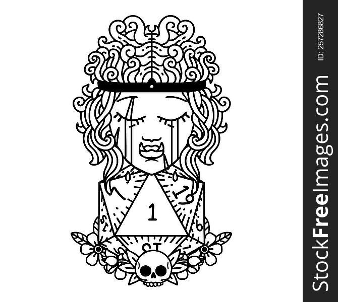 Black and White Tattoo linework Style sad orc barbarian character face with natural one d20 roll. Black and White Tattoo linework Style sad orc barbarian character face with natural one d20 roll