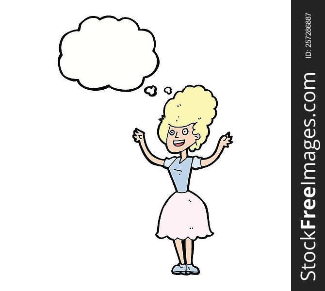 cartoon happy 1950 s woman with thought bubble