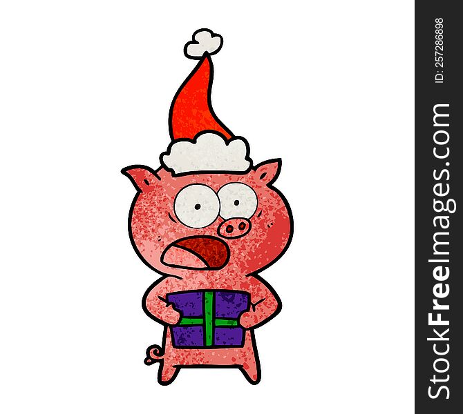hand drawn textured cartoon of a pig with christmas present wearing santa hat