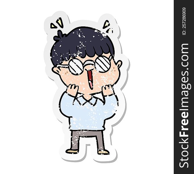 distressed sticker of a cartoon happy boy wearing spectacles
