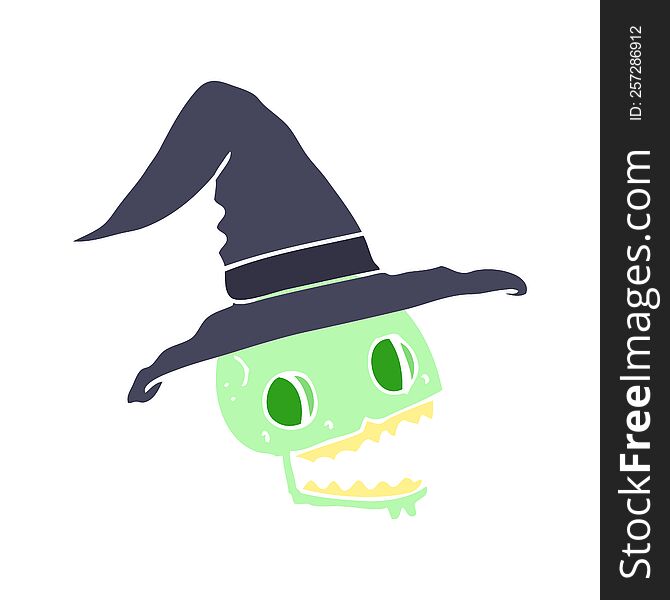 Flat Color Illustration Of A Cartoon Skulll Wearing Witch Hat