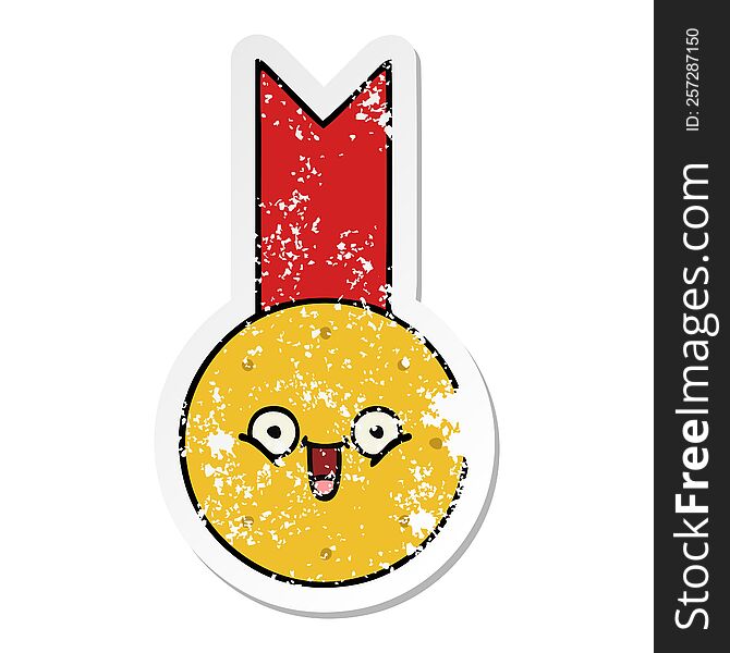 Distressed Sticker Of A Cute Cartoon Gold Medal