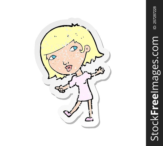 Retro Distressed Sticker Of A Cartoon Happy Girl Gesturing To Follow