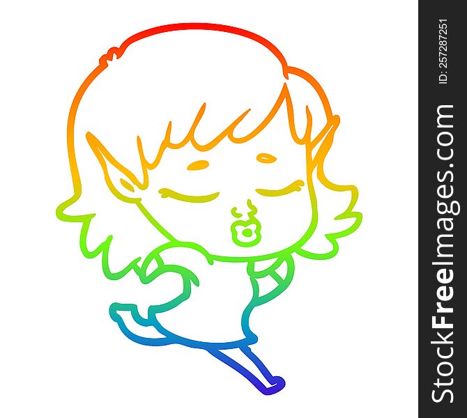 rainbow gradient line drawing of a pretty cartoon elf girl running