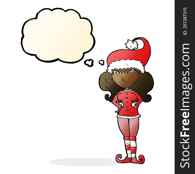 cartoon santa\'s helper woman with thought bubble