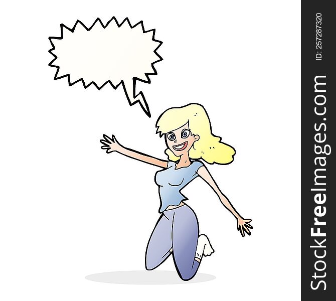 Cartoon Jumping Woman With Speech Bubble