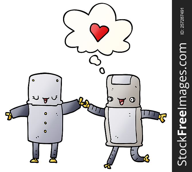 cartoon robots in love and thought bubble in smooth gradient style