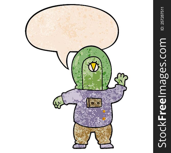 Cartoon Space Alien And Speech Bubble In Retro Texture Style