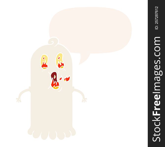 cartoon ghost with flaming eyes with speech bubble in retro style. cartoon ghost with flaming eyes with speech bubble in retro style