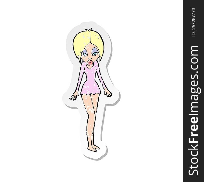 Retro Distressed Sticker Of A Cartoon Woman In Short Dress
