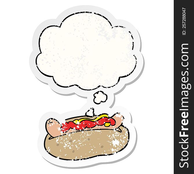 cartoon hotdog with thought bubble as a distressed worn sticker