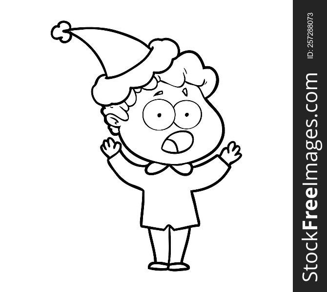hand drawn line drawing of a man gasping in surprise wearing santa hat