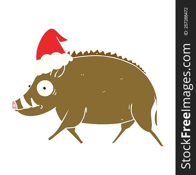 Flat Color Illustration Of A Wild Boar Wearing Santa Hat