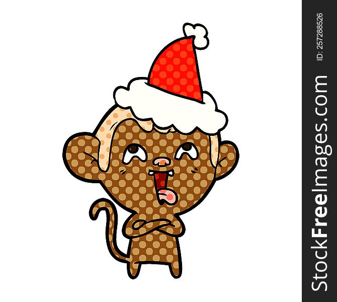 crazy hand drawn comic book style illustration of a monkey wearing santa hat
