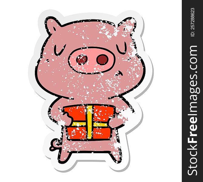 Distressed Sticker Of A Cartoon Christmas Pig