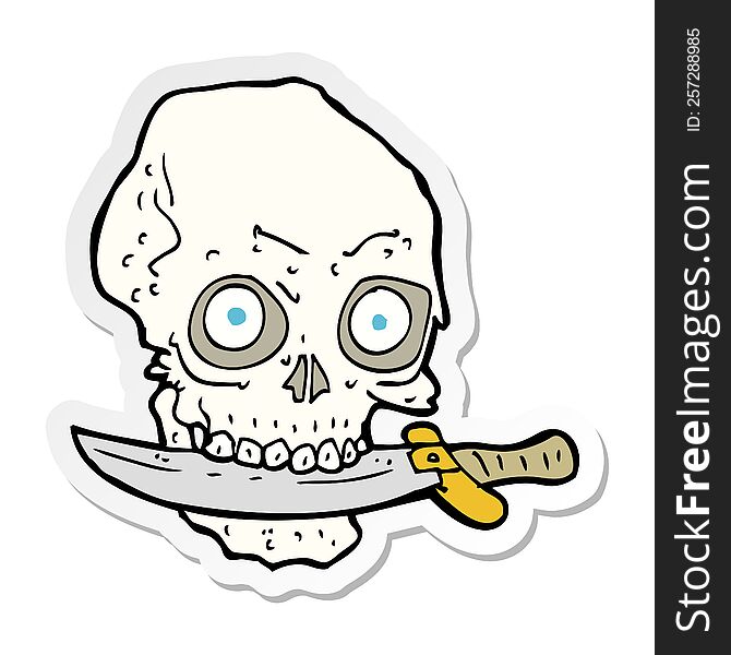 sticker of a cartoon pirate skull with knife in teeth
