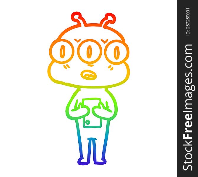 rainbow gradient line drawing of a cartoon three eyed alien
