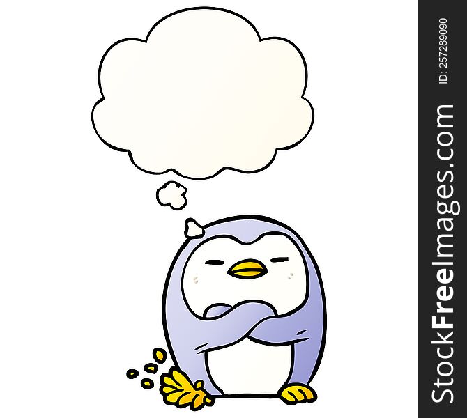 cartoon penguin tapping foot with thought bubble in smooth gradient style