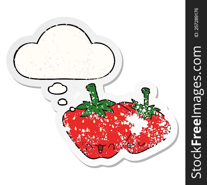 cartoon strawberries with thought bubble as a distressed worn sticker
