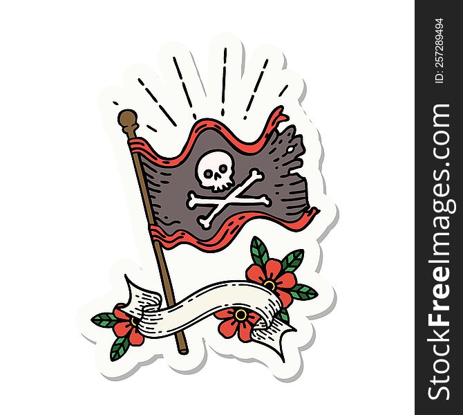 Sticker Of Tattoo Style Waving Pirate Flag
