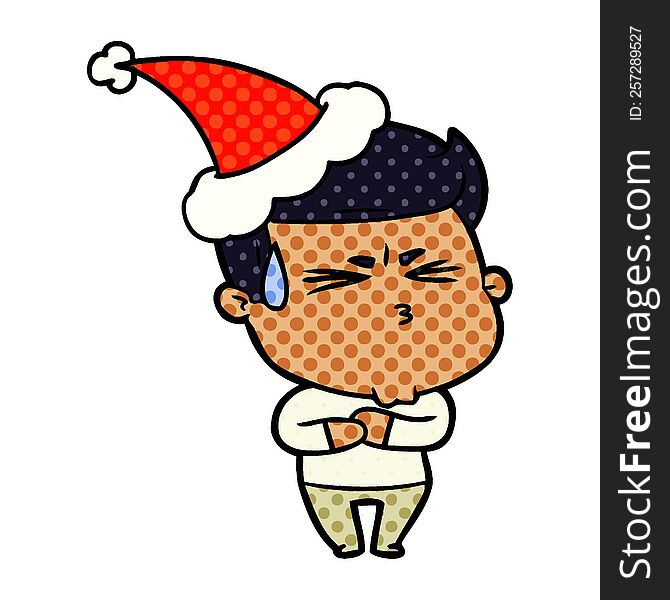 hand drawn comic book style illustration of a frustrated man wearing santa hat