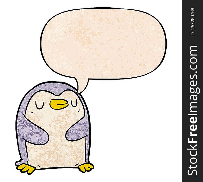 Cartoon Penguin And Speech Bubble In Retro Texture Style